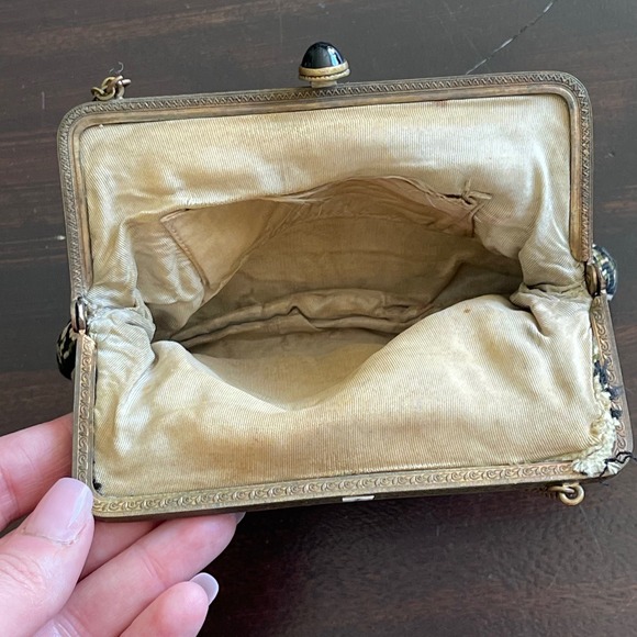 Vintage Needlepoint Floral Petit Point Evening Bag Black Brass Frame Chain Strap - Picture 7 of 9